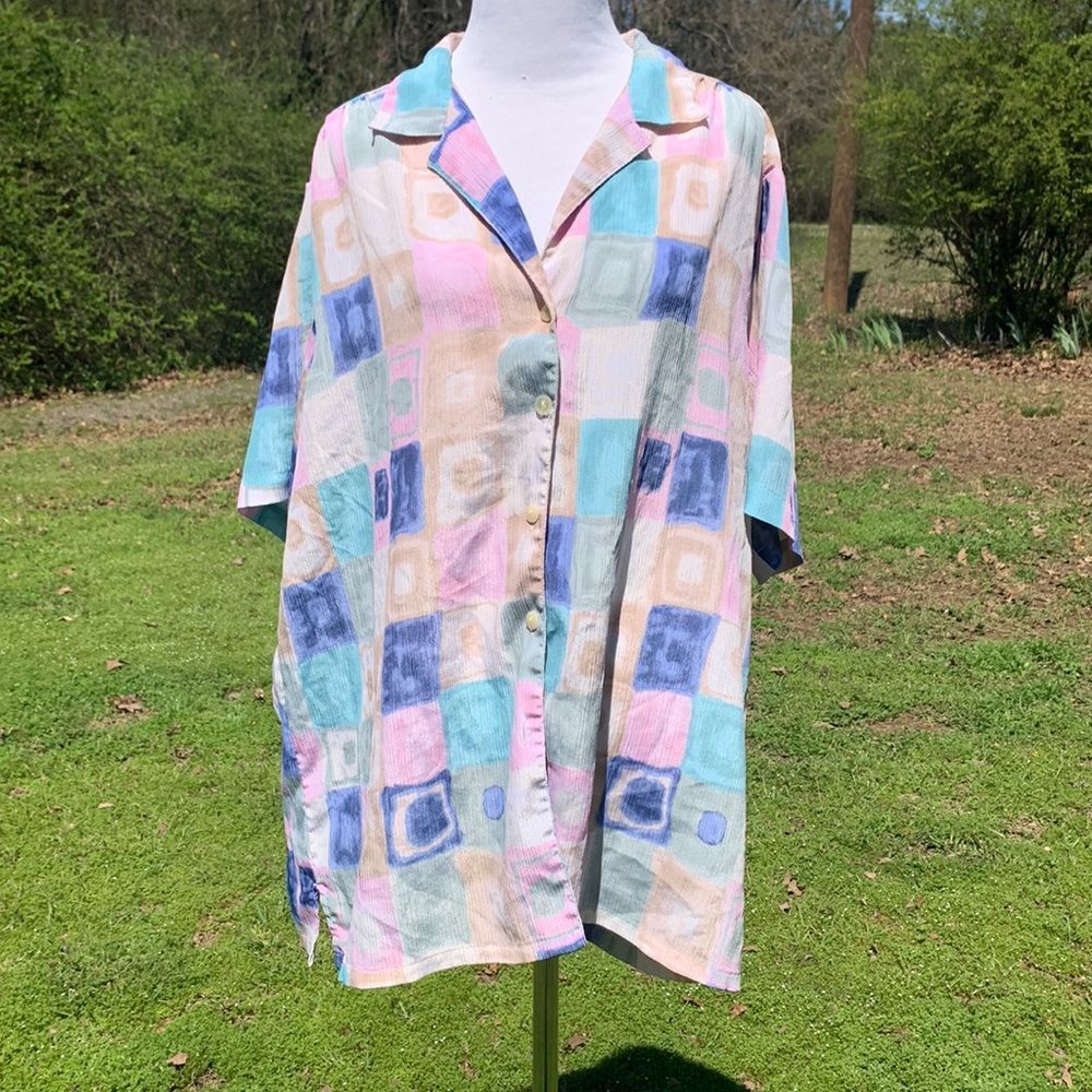 Vintage Oversized Pastel Abstract Checkered Print Button Up Top Size S-L+?